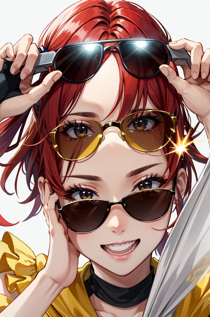 Focus on the face、Face only、Red hair、Wear yellow sunglasses、laughing、Hands on sunglasses、Fancy costumes、Spark effect、White background