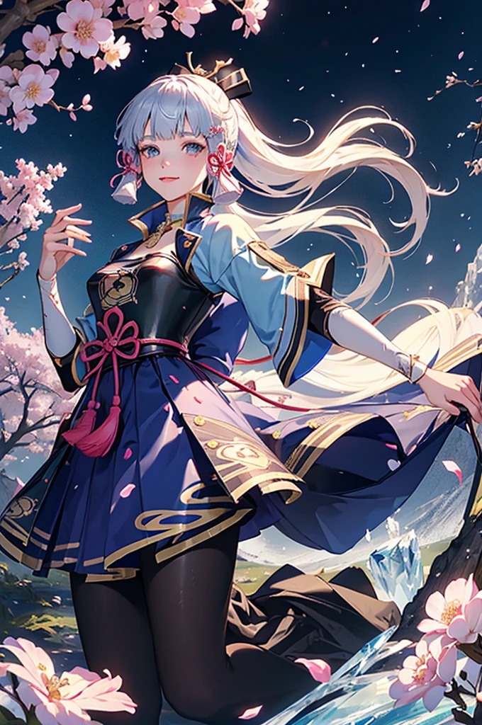 ((kamisatoayakadef)),1 Anime Girl, Warrior, Realistic people,Realistic, beautiful, smile, elegant, Majestic, Splash Art, Particles of light, Diamond Blade, Dynamic pose, ((fan、fanを持っている))((fanを広げる)),milky way, (Fractal Art:1.1),(Ice Flower:1.4), Most detailed,(抽象的なbackground:1.1), (Shiny skin), (Many colors:1.4), Ultra-high resolution,, masterpiece, Accurate, Anatomically correct, texture.(background:Cherry tree、Cherry Blossom、petal、Wind、旋Wind)