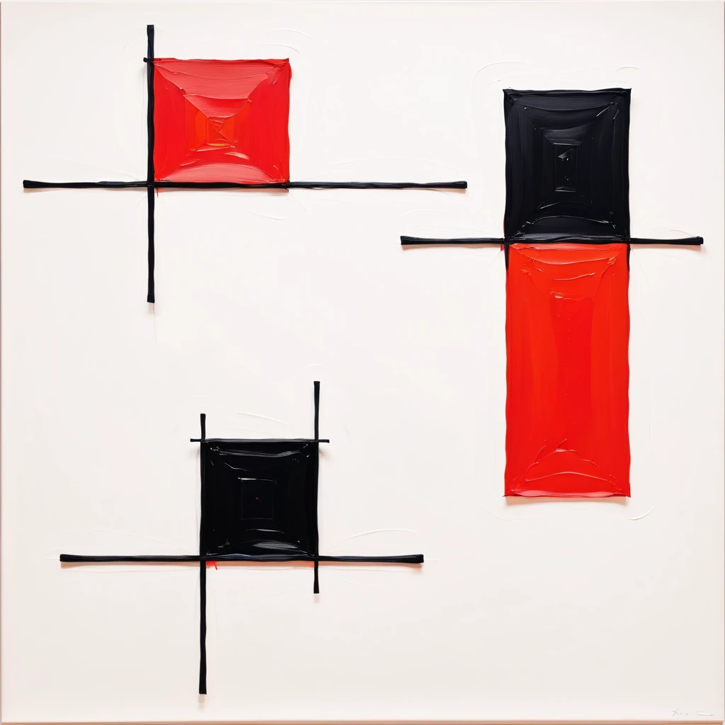 abstract painting with red square and a separated black square on white flat background