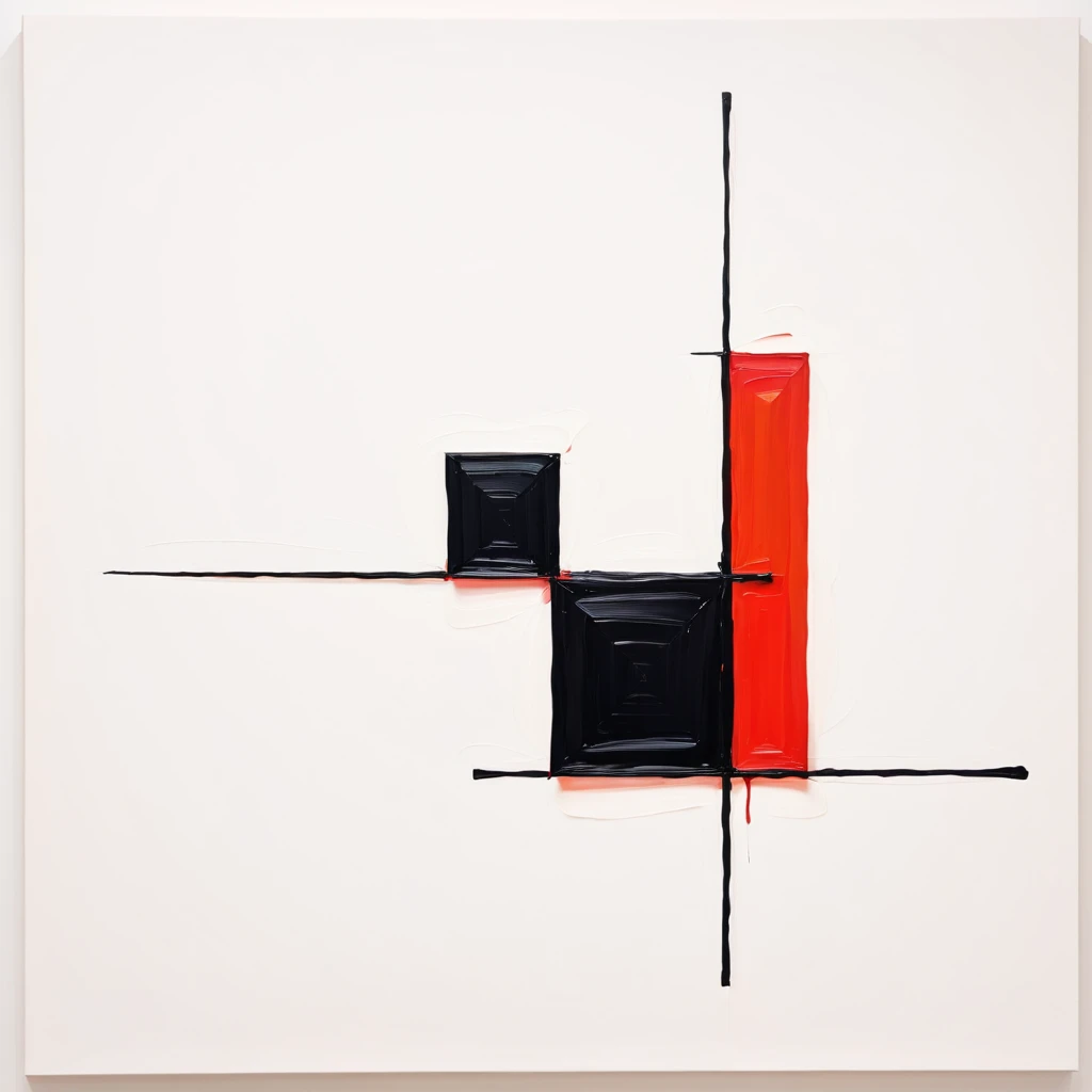 abstract painting with red square and a separated black square on white flat background

