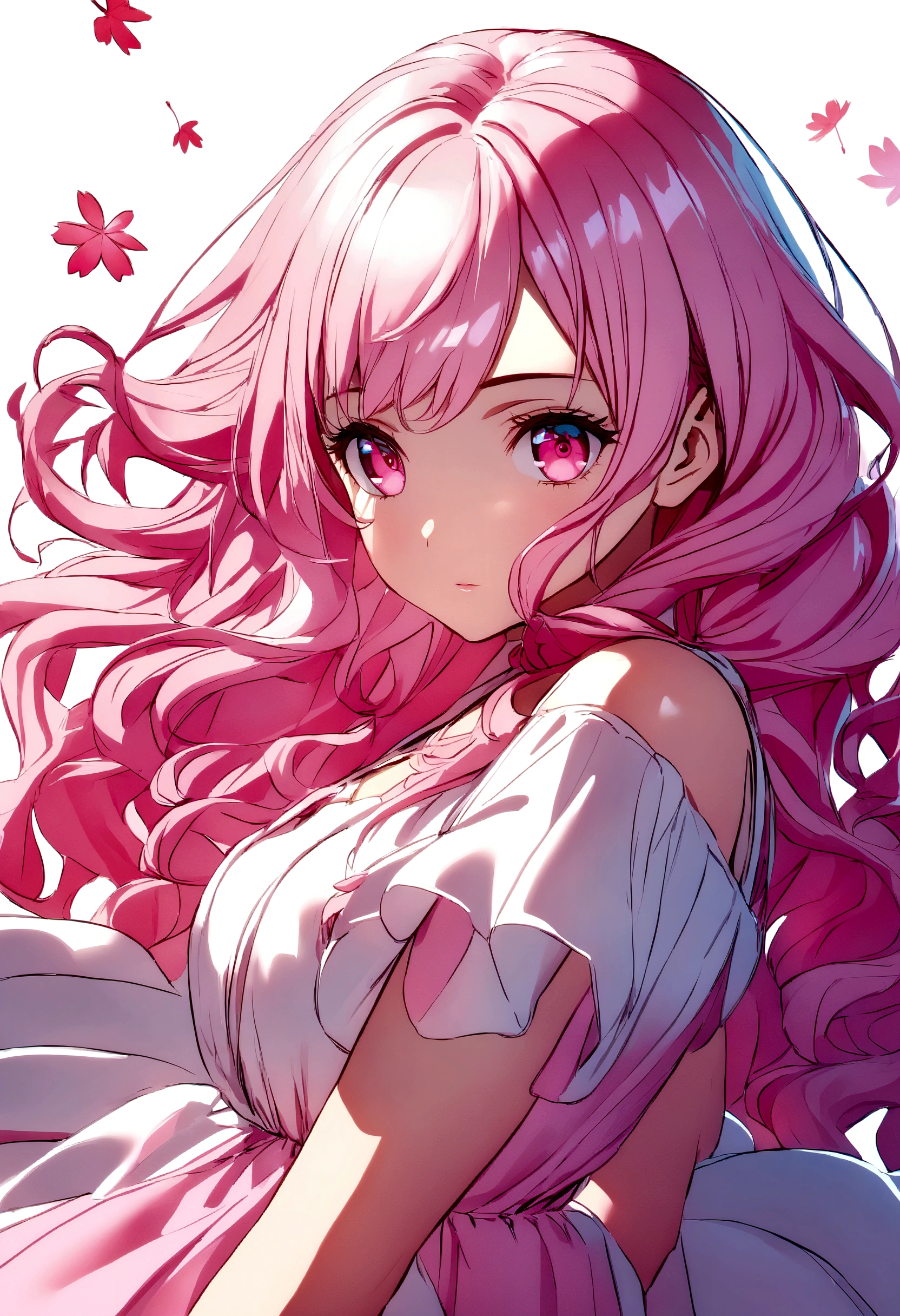 light pink hair, pink eyes, pink and white romper, sakura leaves, bright coloured, white gown, paint splash, simple background, ray tracing, wavy hair