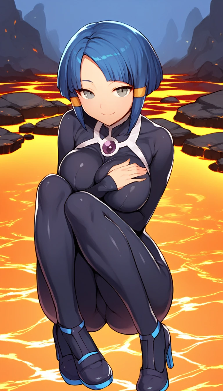 best quality,ultra detailed,solo,score_9, score_8_up, score_7_up, score_6_up, score_5_up, score_4_up, source_anime, 1girl, clara, blue hair, hair tubes, grey eyes, bodysuit,big breasts, sexy pose, (front view,portrait),full body, sitting on lava,heavenly ass, heavenly breasts, big ass, no shoes, wearing black heels, smile, cute, face, long legs, tight bodysuit, tight sleeves, black bodysuit, half-closed eyes, touching own breasts