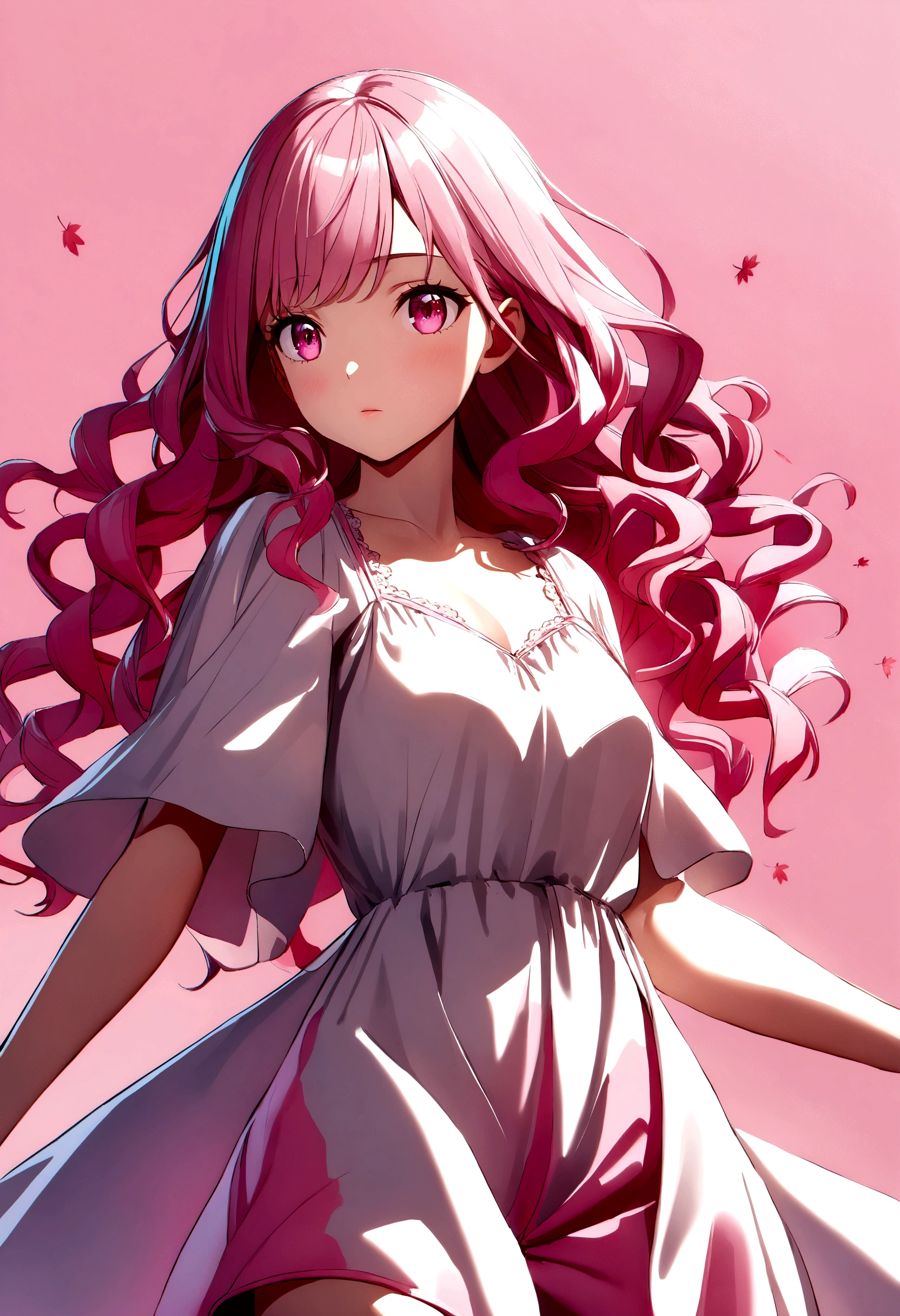 light pink hair, pink eyes, pink and white romper, sakura leaves, bright coloured, white gown, paint splash, simple background, ray tracing, wavy hair