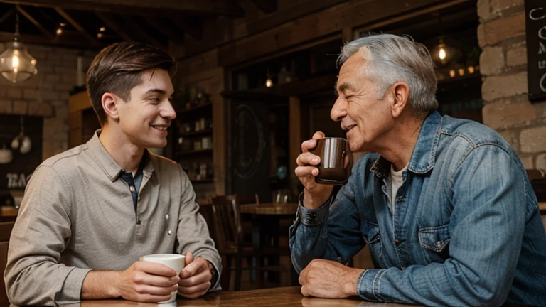 happy old man talking to a young man, drinking coffee 