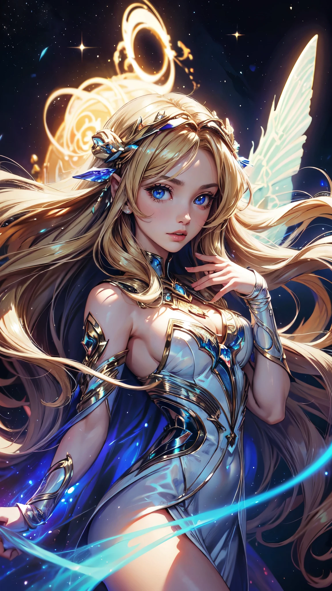 A woman with long hair and a flowing dress stands in the darkness, Blonde girl in cosmic dress, Amazing young ethereal figure, cosmic goddess, Astral appearance, galaxy goddess, Space Girl, Astral Fairy, Divine cosmic feminine power, Cosmic hair anime girl, goddess of space and time, Channeling rotational energy, A glowing halo surrounds her,Light,cleanness,Reflective,refractions,Ray traching,super-fine,Hyper-realistic,best quality,detailed hands, detailed eyes, detailed face,colors,