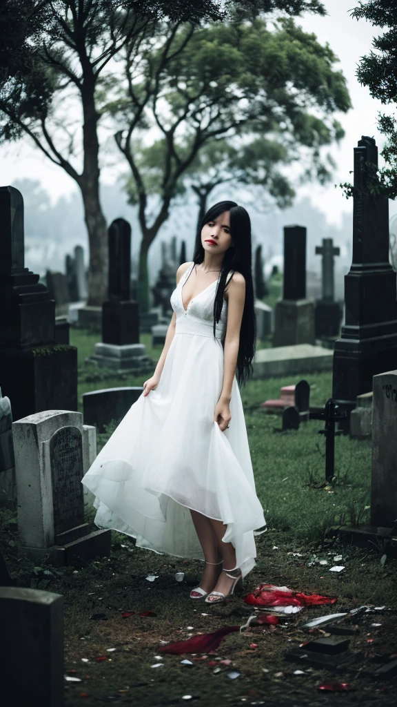 Create a picture of a woman wearing a transparent white dress,long black hair down to the bottom,face full of cuts,vicious eyes,mouth full of blood,the stomach is hollow,visible intestinal organs scattered full of blood,background of an old cemetery, mysterious scary atmosphere,with blood dripping