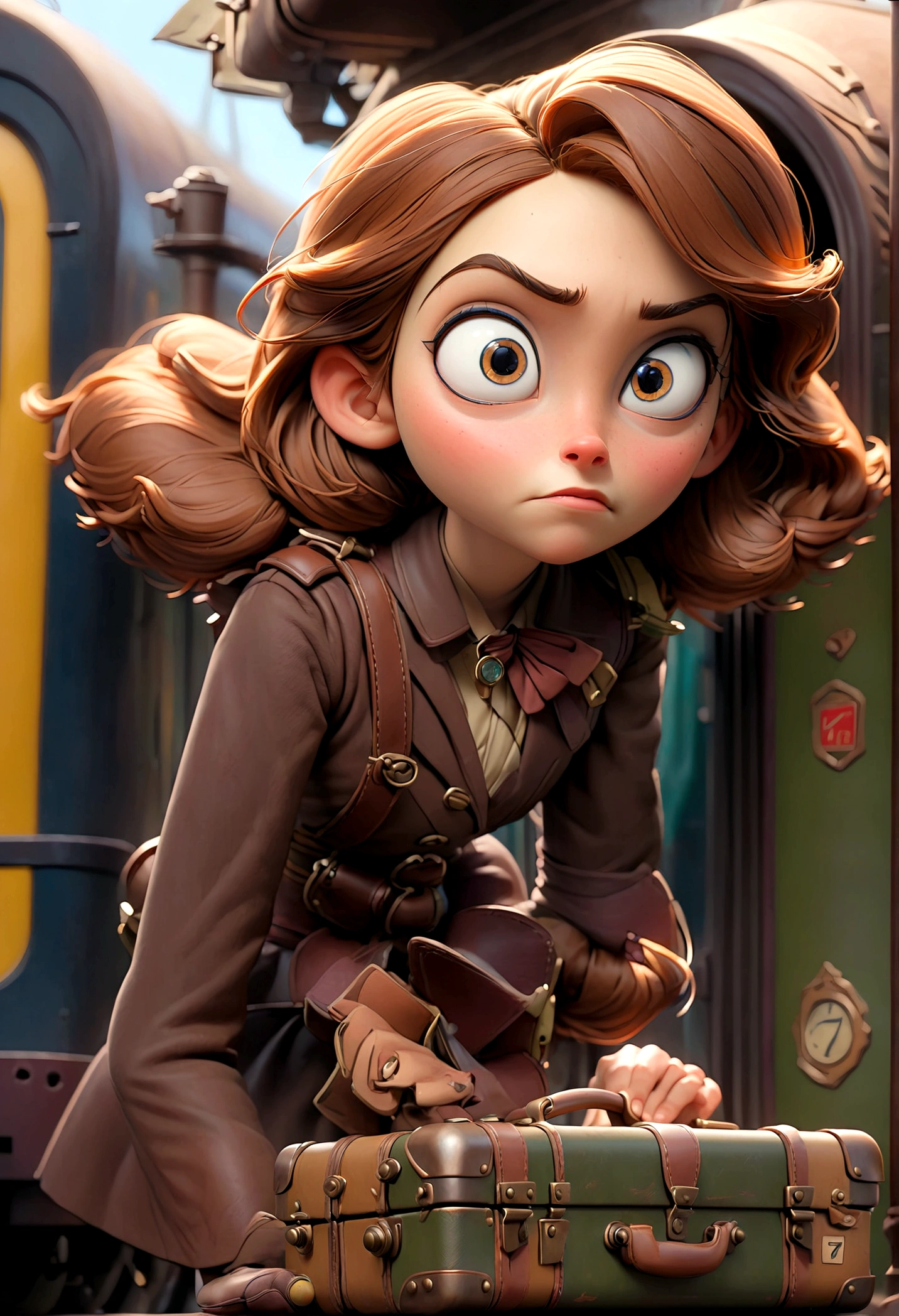 A young woman, Alice, with brown hair and curious eyes, boarding a train on platform 7, carrying a vintage suitcase
