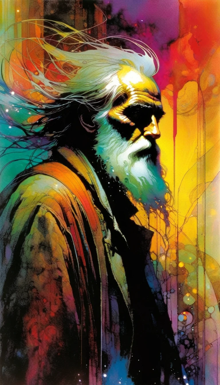 the hermit,  artwork inspired by Bill Sienkiewicz, vivid colors, intricate details, oil.