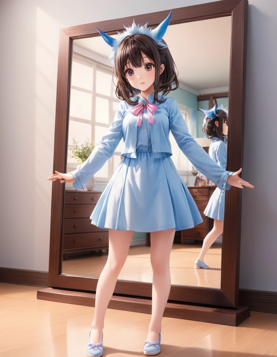 dynamic angle, action pose, a ultra realistic beautiful moe anime, gradient background, Standing in the center of the room is a mirror monster. Its surface is as smooth as a mirror, reflecting the surroundings. It mirrors our appearance, our actions, and learns from them. Its existence is like a mirror for us to reflect upon ourselves.