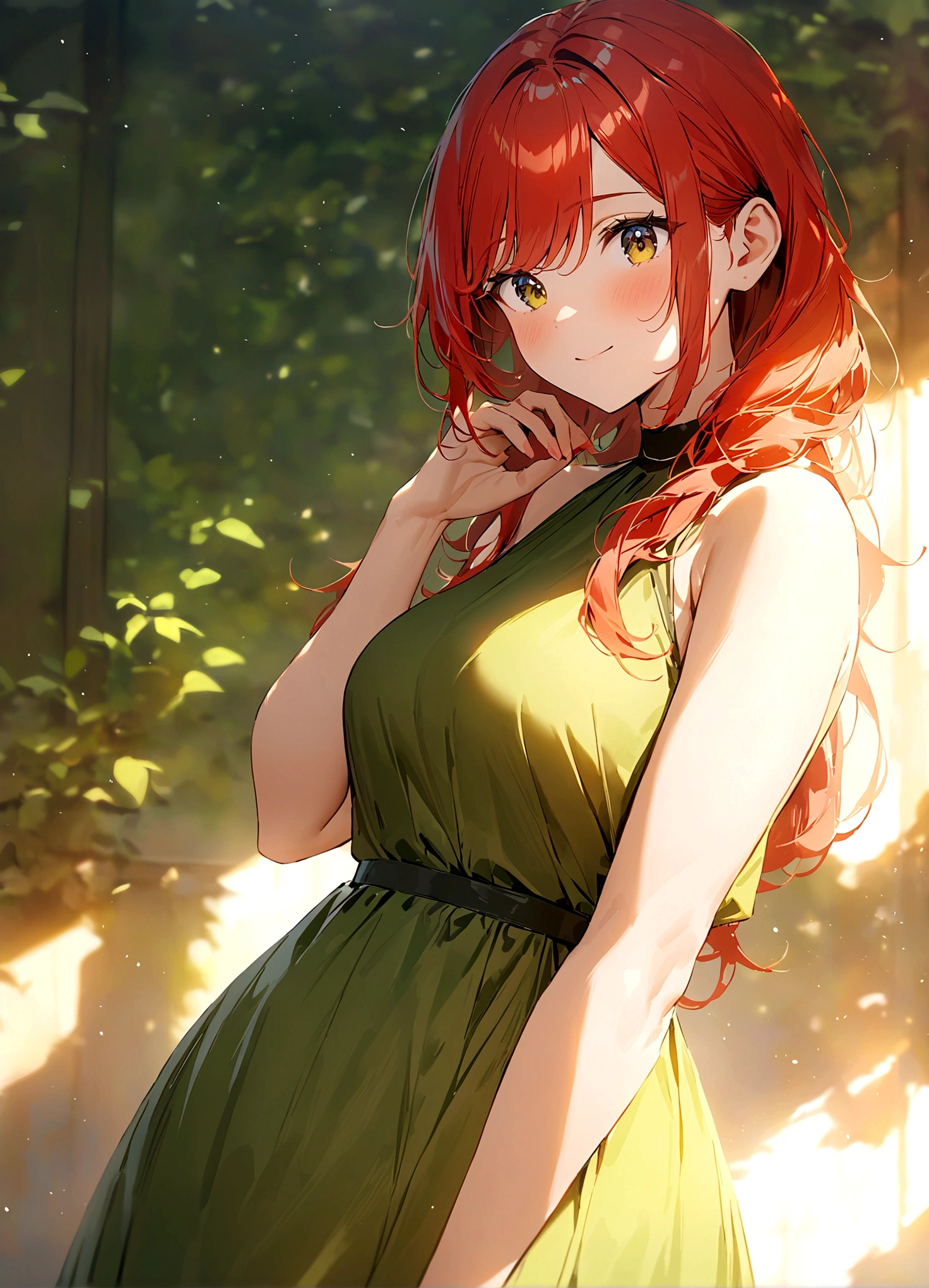 HD, (Best Detail) (Best Quality), redhead woman posing for photo with long red hair and green dress, mature and gorgeous, natural light and shadow