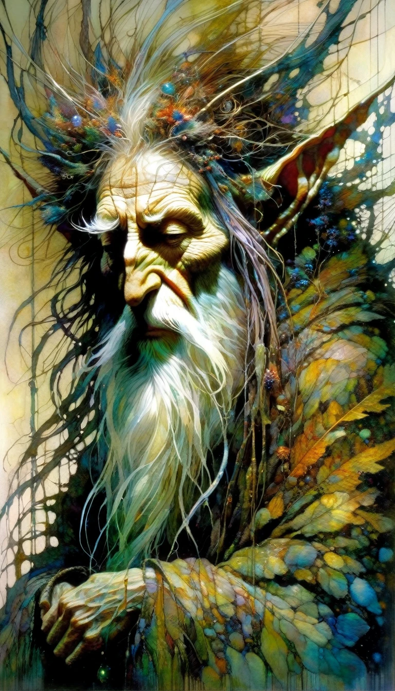 the hermit, artwork inspired by Brian Froud and Carne Griffiths and Wadim Kashin, intricate details, oil