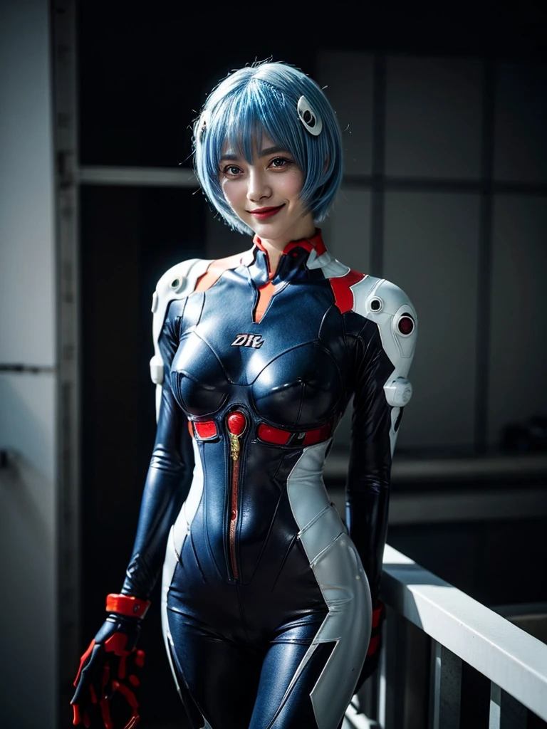 Masterpiece, highest quality, 8K, detailed skin texture, fine cloth texture, beautiful detailed face, intricate details, super detailed, portrait of Rei Ayanami, blue hair, red eyes, looking far away, no background, Evangelion Wearing a plug suit when riding, plug suit, whole body visible, standing, arms crossed, , beautiful, cute, great style, smiling,composition that shows the whole body,