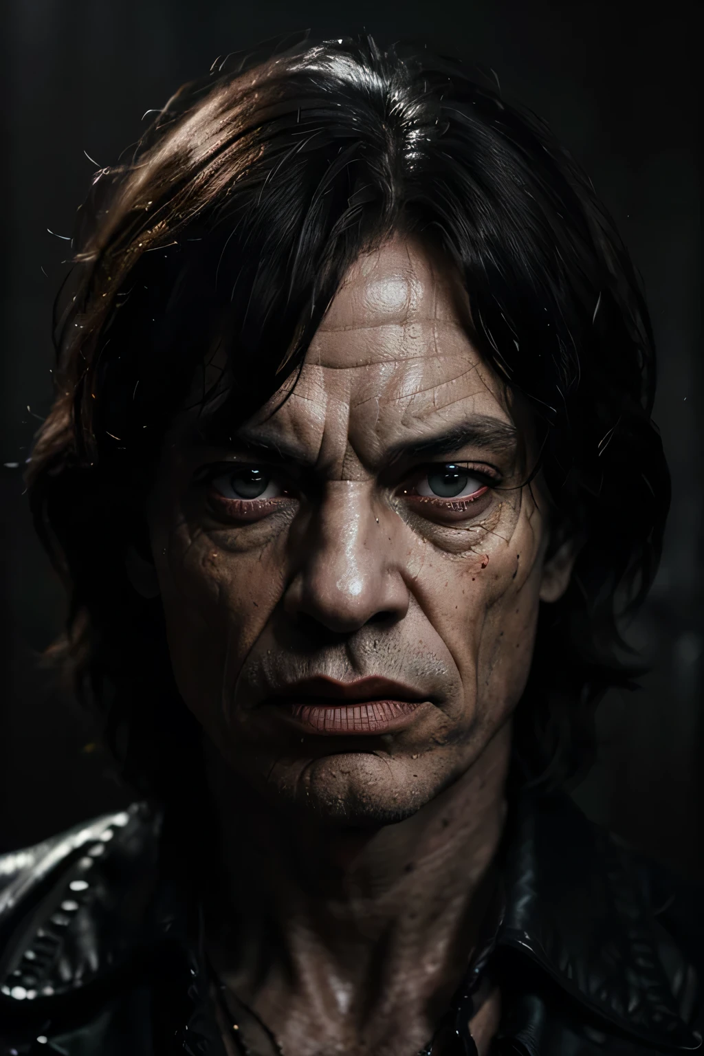 a demonic mick jagger, hyper realistic, highly detailed face, expressive eyes, detailed wrinkles, detailed skin texture, dramatic lighting, dark moody atmosphere, chiaroscuro, digital painting, intricate details, cinematic composition, dark fantasy, gothic