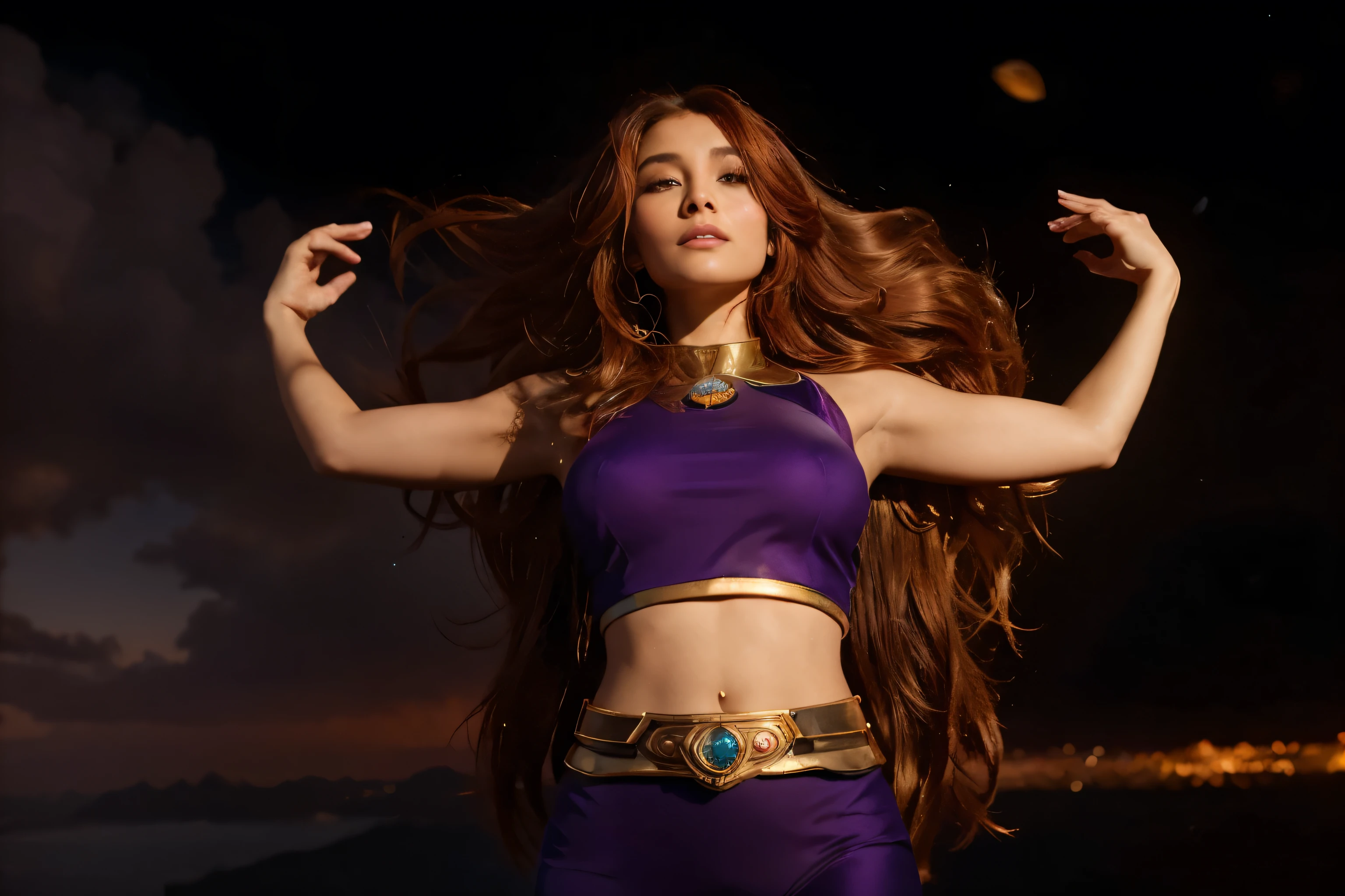 (Best quality, 8k, 32k, Masterpiece, UHD:1.2), "Imagine the vibrant and exotic world of Tamaran, Starfire’s home planet from The Titans. Envision a lush and colorful landscape bathed in the golden light of multiple suns, casting a warm and radiant glow over everything. The sky is a brilliant spectrum of oranges, purples, and pinks, creating breathtaking sunsets and dawns that paint the horizon with vivid hues. ((power)) ((energy)) ((flame))
The terrain is diverse and spectacular, featuring soaring mountains with jagged peaks, vast, rolling plains covered in alien flora, and sparkling azure oceans that stretch as far as the eye can see. Exotic plants and trees with luminescent leaves and flowers dot the landscape, their colors more vivid and varied than those on Earth.
In the heart of Tamaran, grand and majestic cities rise. The architecture is a blend of organic and futuristic designs, with towering spires and flowing structures made of crystal and stone. These buildings are adorned with intricate carvings and glowing gemstones that pulse with an inner light, reflecting the advanced yet nature-integrated technology of Tamaran.
In the bustling marketplaces, Tamaranians—tall, golden-skinned humanoids with vibrant hair colors—move gracefully, their attire a mix of regal and functional, often adorned with precious metals and gems. The air is filled with the melodic sounds of their language and the fragrant scents of exotic spices and flowers.
Above, massive flying creatures glide through the air alongside sleek, advanced spacecraft, both integral parts of Tamaranian life. The sky is often filled with the hum of energy as these vessels move between the planet’s many regions.
Capture the essence of Tamaran's dual nature: its wild, untamed beauty and its sophisticated, harmonious civilization. The planet is a place where nature and technology coexist seamlessly, embodying the spirit of adventure and wonder that characterizes Starfire’s origins."