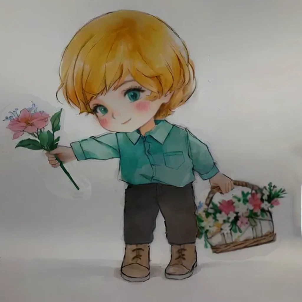 drawing of a boy holding a basket of flowers and a vase of flowers, by Ilka Gedő, Mr. Károly Lotz, powder Nándor Katona, holding flowers, with flowers, traditional art, carrying flowers, by Grytė Pintukaitė, por agosto Chernigoj, colored drawing, colored drawing