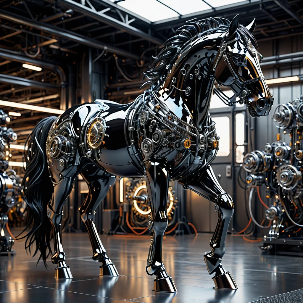 A high-resolution image of a black mechanical horse designed in a sci-fi style. The horse’s body is constructed from sleek, reflective metal, primarily chromium, giving it a futuristic sheen. Visible throughout its structure are intricate wires, cables, fuses, screws, and gears, meticulously arranged to showcase advanced engineering. The horse stands in a neutral, industrial background, emphasizing its mechanical complexity and sleek design. The lighting is focused to highlight the reflective surfaces and the detailed components, creating a striking and realistic visual.