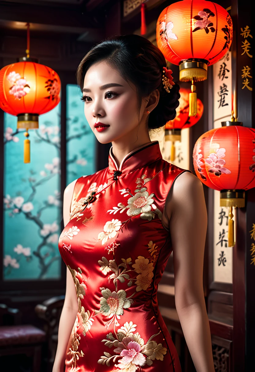 Cheongsam. cinematic still, emotional, vignette, 4k epic detailed, shot on kodak, 35mm photo, sharp focus, high budget, cinemascope, gorgeous, film grain, grainy, bright colors, highly detailed, intricate, cinematic light, elegant, confident, rich, background composed, vivid, very coherent, shiny, excellent composition, dynamic, ambient dramatic color, stunning, (masterpiece, best quality, Professional, perfect composition, very aesthetic, absurdres, ultra-detailed, intricate details:1.3)