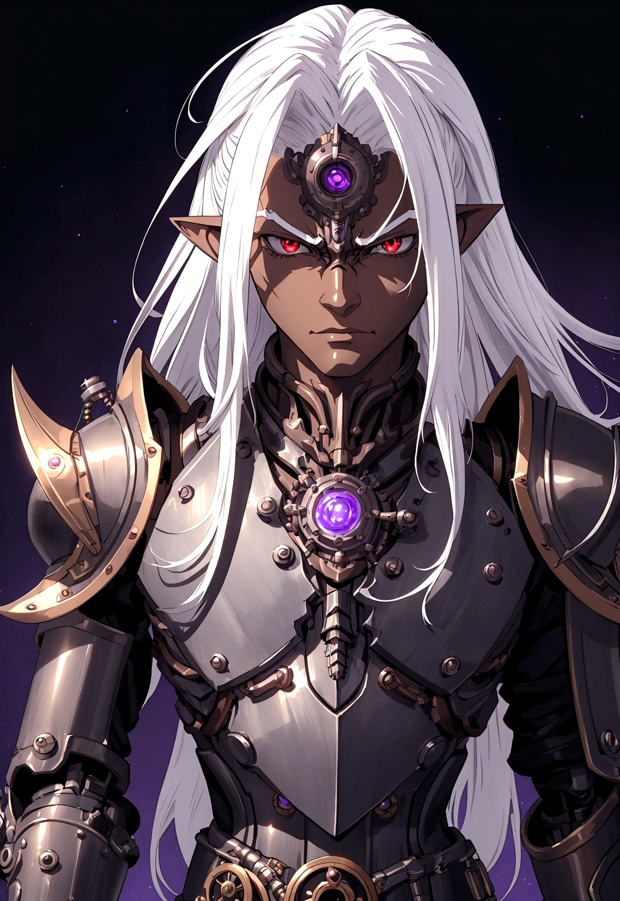((best quality)), ((masterpiece)), (detailed), ((boy)), ((mechanical armor)), (steampunk), (serious), dark skinned, human, upper body, portrait, red eyes, long white hair, Xemnas from Kingdom Hearts, half-drow, pointy ears, serious face, dramatic lighting, purple hue, perfect eyes, art by Kinema Citrus and Tetsuya Nomura