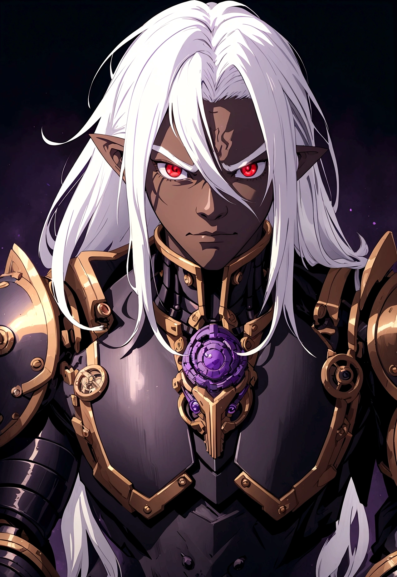 ((best quality)), ((masterpiece)), (detailed), ((boy)), ((mechanical armor)), (steampunk), (serious), dark skinned, human, upper body, portrait, red eyes, long white hair, Xemnas from Kingdom Hearts, half-drow, pointy ears, serious face, dramatic lighting, purple hue, perfect eyes, art by Kinema Citrus and Tetsuya Nomura