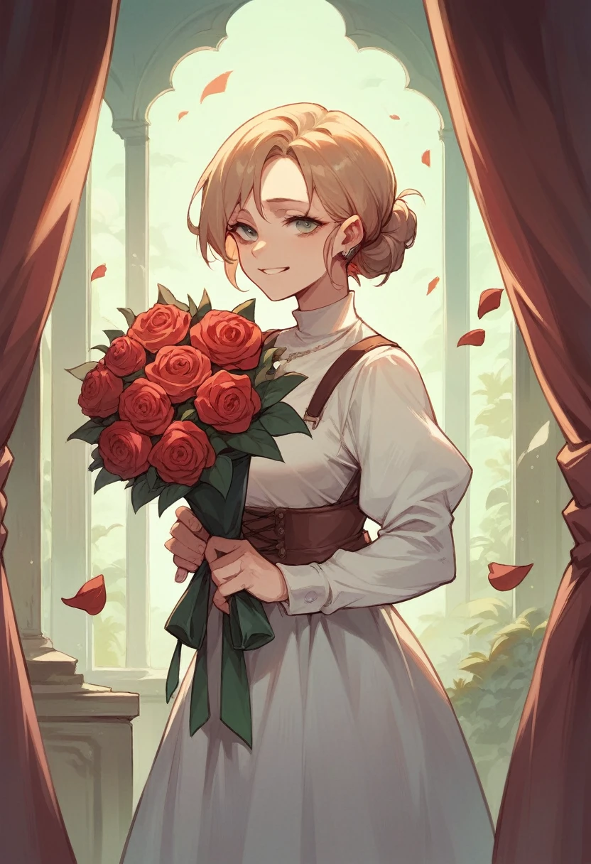woman receiving a bouquet of red roses from her boyfriend