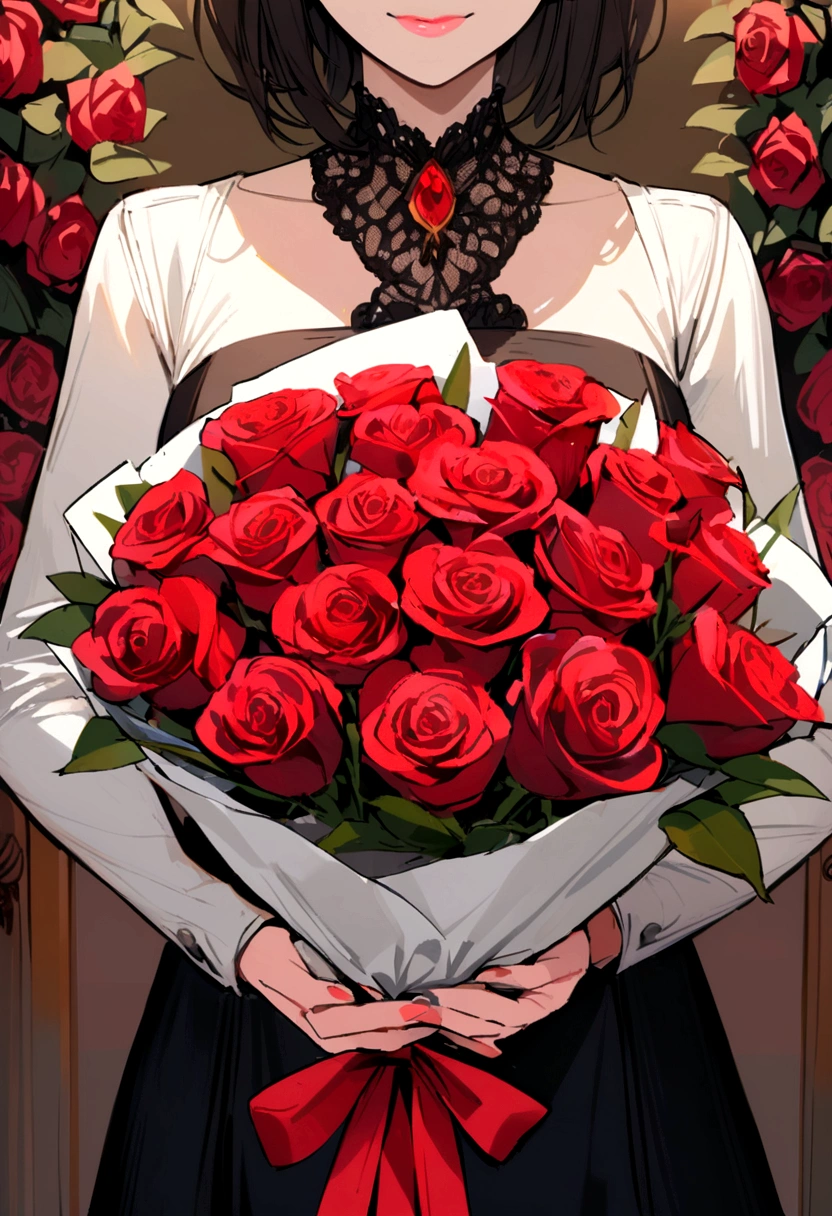 woman receiving a bouquet of red roses from her boyfriend