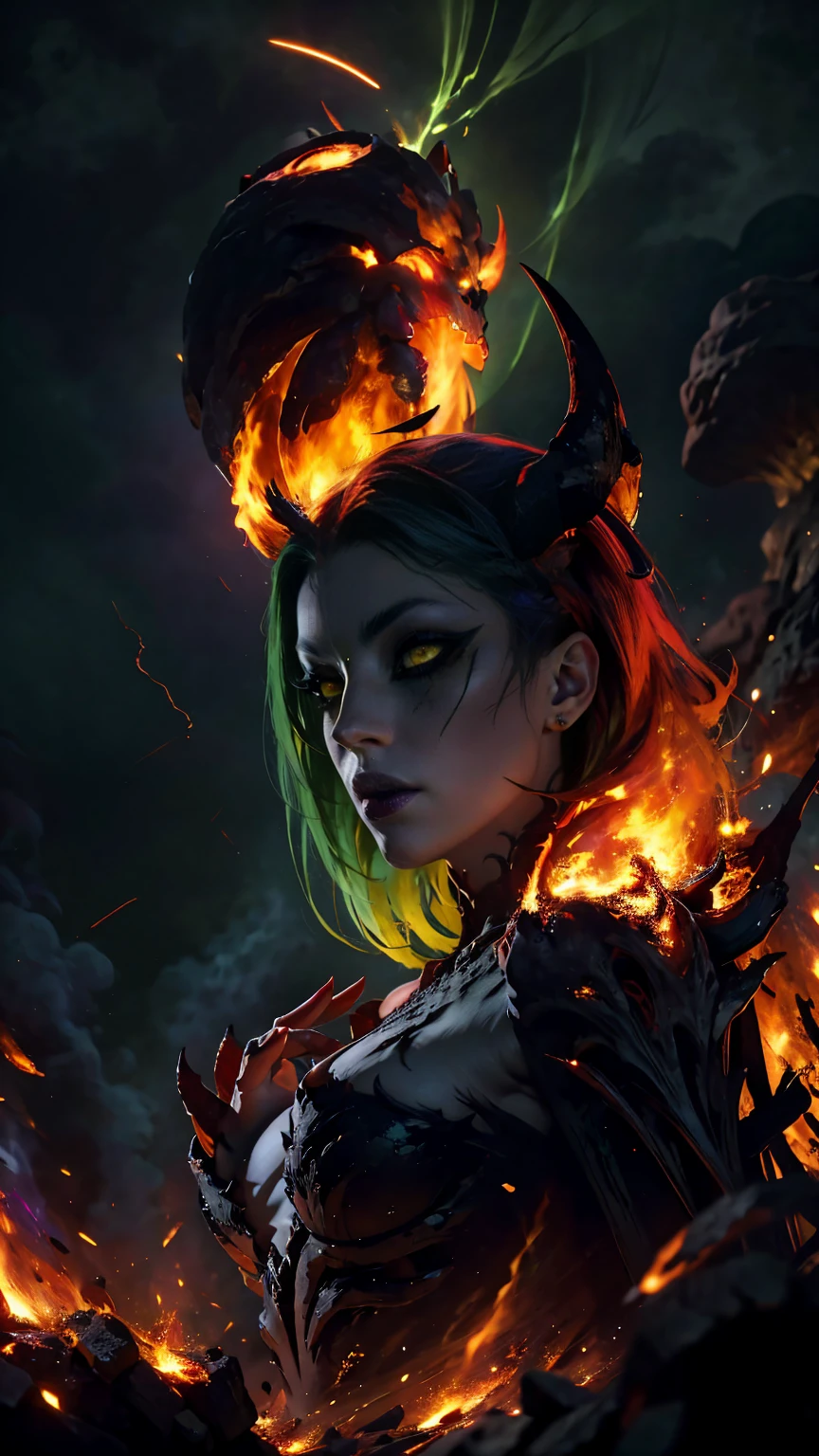 High view, high angle of camera, A beautiful and sexy queen of hell, anime style. walking through a dark, rotten and burnt Hades, showcasing the fiery green hair and thin black horns with incandescent cracks, black tears, golden ornament. Every space and build in the landscape is meticulously rendered, from the most desolate and terrifying hell, creating a visually stunning and immersive world. The overall effect is a terrifying mix of fantasy, glitter and nostalgia, hellpunk and horror anime. 2.5D style anime, close-up, fine quality yellow eyes, fiery yellow eyes without sclera, ultra detailed, Beautiful and aesthetically pleasing, masterpiece, Best quality score, Extremely detailed , dynamic angle, raytraced, middle body, close up, high view, particles and hard lights, angulo picado. green, red, purple and black