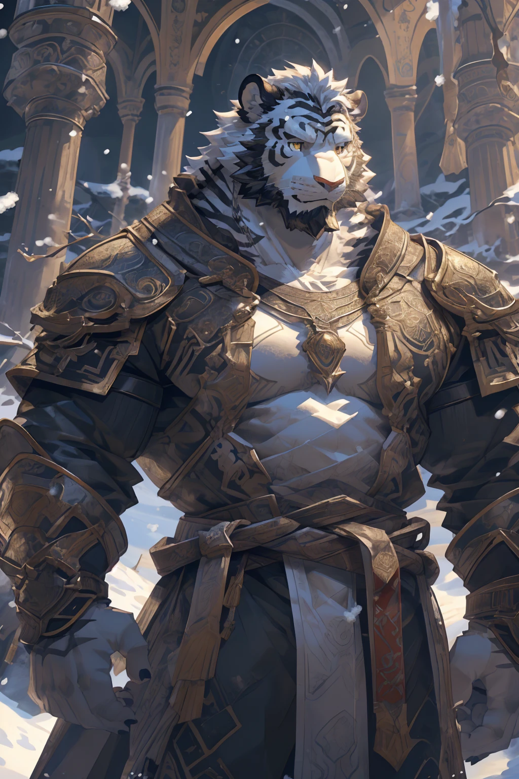(White skintiger),(黑白阴阳Military commander战袍),(Holding a long sword),(Awesome posture:1.3),Standing quietly in,(The background is a city covered with ice and snow:1.5),(Abdominal muscles),Heroic飒爽,完美的masterpiece,Various facial details,Close-up view,specific description,masterpiece,(cg),(Golden Eyes),Black and white pattern,Black and white tail,Military commander,Heroic,tiger,Black and white fur,Detailed facial details,Half Body,(黑白阴阳Military commander战履),(Long feather),((middle aged)),(Face Focus),(16K),(HD),Black and white abdomen,temple,beard,(Face lines),(Heterochromia,),(Black and white yin and yang battle robe),(Black and white hair),(Strong:1.2),(muscle:1.3),(high resolution:1.3),(Standing in front of a city covered in snow),(Close up),(Detailed face:1.5),Perfect details,(Half Body),(Detailed depiction of the face:1.5),(Zoom in on the face:1.5),(白色Face lines:1.2),(黑色beard:1.3),(White face:1.6),(White body),(White skin,black strips:1.3),(White cheeks:1.5),(The skin color of the face is white:1.3),cg