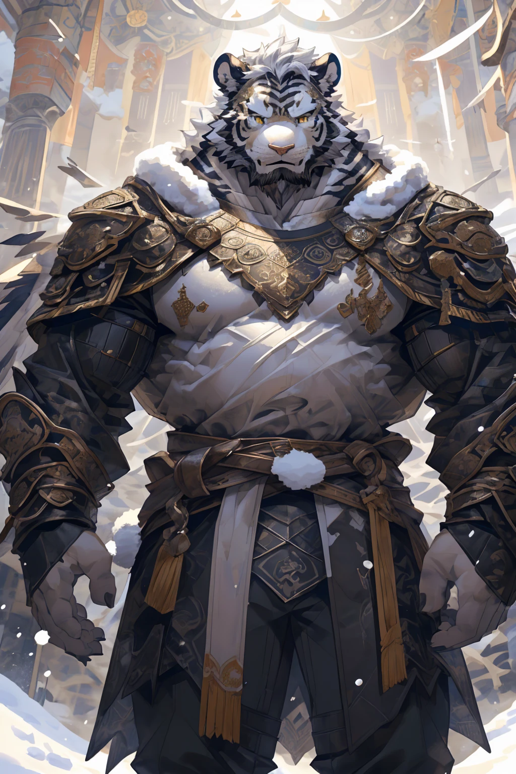 (White skintiger),(黑白阴阳Military commander战袍),(Holding a long sword),(Awesome posture:1.3),Standing quietly in,(The background is a city covered with ice and snow:1.5),(Abdominal muscles),Heroic飒爽,完美的masterpiece,Various facial details,Close-up view,specific description,masterpiece,(cg),(Golden Eyes),Black and white pattern,Black and white tail,Military commander,Heroic,tiger,Black and white fur,Detailed facial details,Half Body,(黑白阴阳Military commander战履),(Long feather),((middle aged)),(Face Focus),(16K),(HD),Black and white abdomen,temple,beard,(Face lines),(Heterochromia,),(Black and white yin and yang battle robe),(Black and white hair),(Strong:1.2),(muscle:1.3),(high resolution:1.3),(Standing in front of a city covered in snow),(Close up),(Detailed face:1.5),Perfect details,(Half Body),(Detailed depiction of the face:1.5),(Zoom in on the face:1.5),(白色Face lines:1.2),(黑色beard:1.3),(White face:1.6),(White body),(White skin,black strips:1.3),(White cheeks:1.5),(The skin color of the face is white:1.3),cg