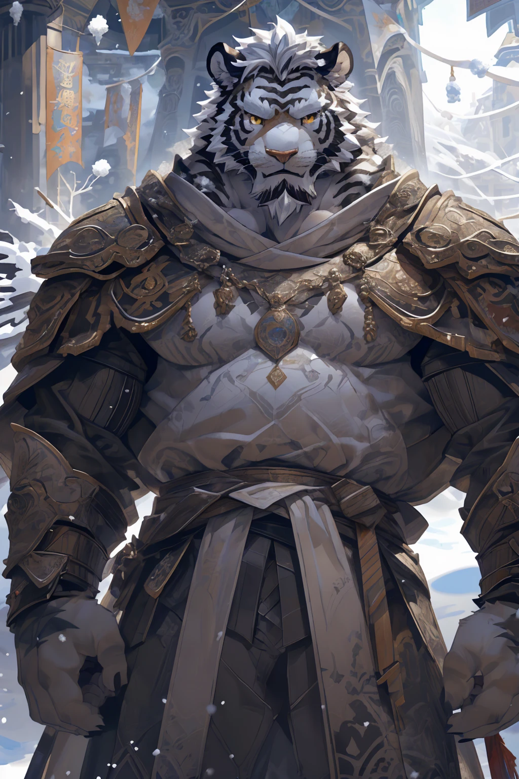 (White skintiger),(黑白阴阳Military commander战袍),(Holding a long sword),(Awesome posture:1.3),Standing quietly in,(The background is a city covered with ice and snow:1.5),(Abdominal muscles),Heroic飒爽,完美的masterpiece,Various facial details,Close-up view,specific description,masterpiece,(cg),(Golden Eyes),Black and white pattern,Black and white tail,Military commander,Heroic,tiger,Black and white fur,Detailed facial details,Half Body,(黑白阴阳Military commander战履),(Long feather),((middle aged)),(Face Focus),(16K),(HD),Black and white abdomen,temple,beard,(Face lines),(Heterochromia,),(Black and white yin and yang battle robe),(Black and white hair),(Strong:1.2),(muscle:1.3),(high resolution:1.3),(Standing in front of a city covered in snow),(Close up),(Detailed face:1.5),Perfect details,(Half Body),(Detailed depiction of the face:1.5),(Zoom in on the face:1.5),(白色Face lines:1.2),(黑色beard:1.3),(White face:1.6),(White body),(White skin,black strips:1.3),(White cheeks:1.5),(The skin color of the face is white:1.3),cg