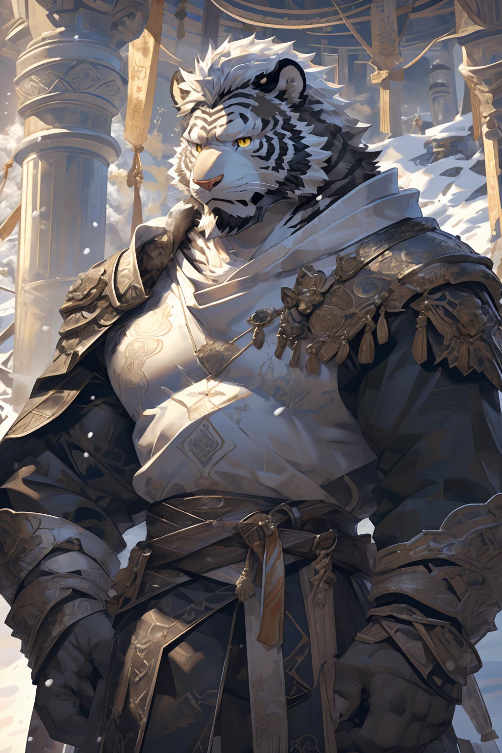 (White skintiger),(黑白阴阳Military commander战袍),(Holding a long sword),(Awesome posture:1.3),Standing quietly in,(The background is a city covered with ice and snow:1.5),(Abdominal muscles),Heroic飒爽,完美的masterpiece,Various facial details,Close-up view,specific description,masterpiece,(cg),(Golden Eyes),Black and white pattern,Black and white tail,Military commander,Heroic,tiger,Black and white fur,Detailed facial details,Half Body,(黑白阴阳Military commander战履),(Long feather),((middle aged)),(Face Focus),(16K),(HD),Black and white abdomen,temple,beard,(Face lines),(Heterochromia,),(Black and white yin and yang battle robe),(Black and white hair),(Strong:1.2),(muscle:1.3),(high resolution:1.3),(Standing in front of a city covered in snow),(Close up),(Detailed face:1.5),Perfect details,(Half Body),(Detailed depiction of the face:1.5),(Zoom in on the face:1.5),(白色Face lines:1.2),(黑色beard:1.3),(White face:1.6),(White body),(White skin,black strips:1.3),(White cheeks:1.5),(The skin color of the face is white:1.3),cg