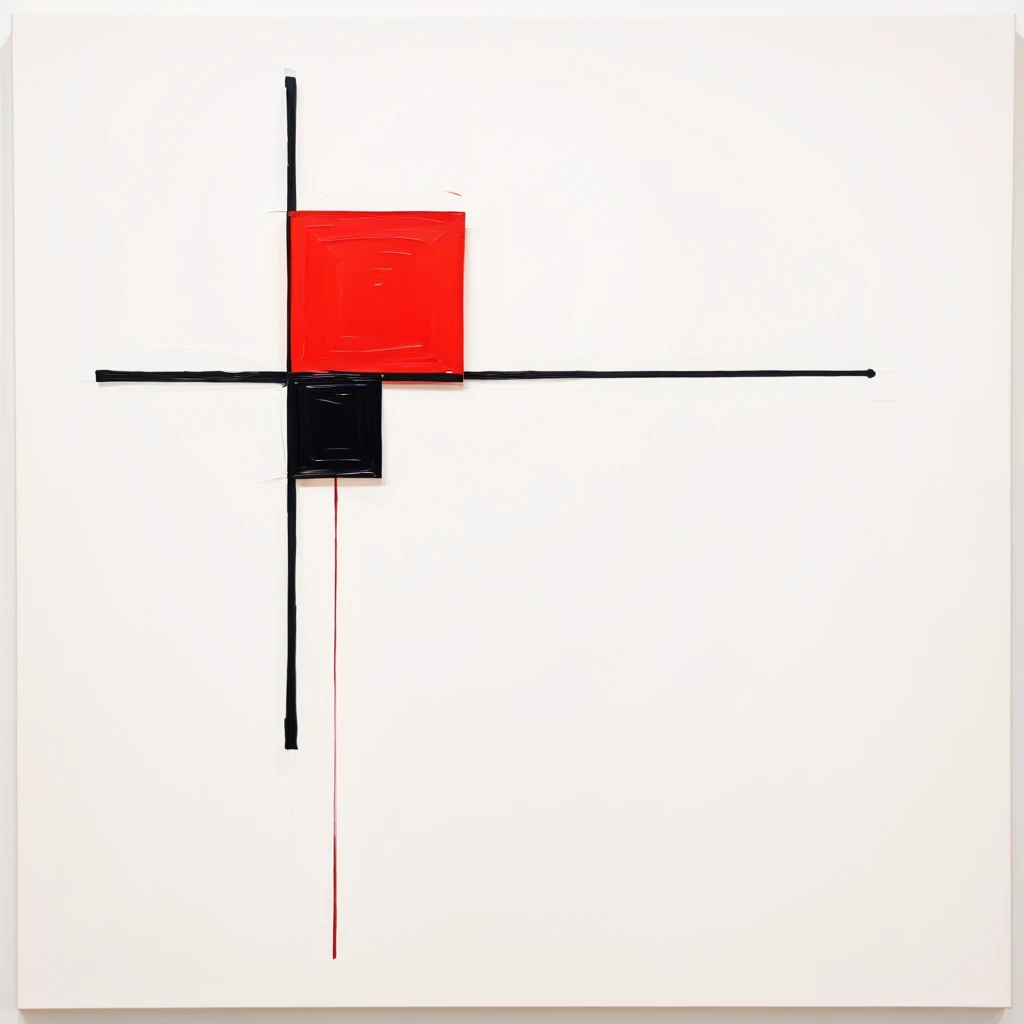 abstract painting with only one red square , and only one black square, on white flat background