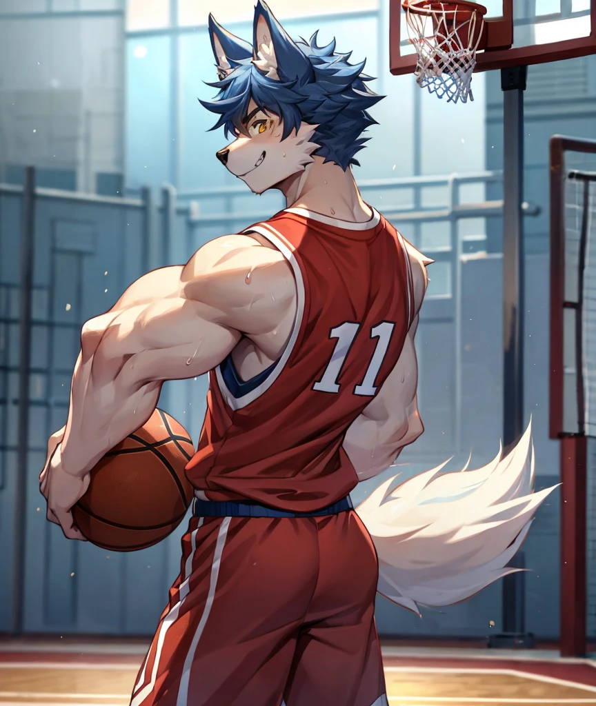Short-nosed Gray Wolf,High School Students,good-looking,Strong,Regular height,Basketball clothes(Short black sleeves,Red shorts),Blushing cheeks,bathroom,The crotch is pronouncedly raised,Crotch bulge,Sexy,Wolf Tail,alone,Green,Close Range,Half face,shy.
