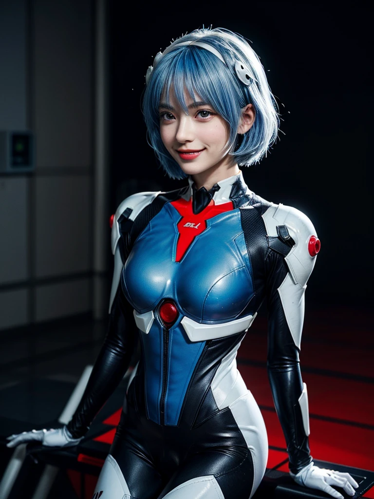 Masterpiece, highest quality, 8K, detailed skin texture, fine cloth texture, beautiful detailed face, intricate details, super detailed, portrait of Rei Ayanami, blue hair, red eyes, looking far away, no background, Evangelion Wearing a plug suit when riding, plug suit, whole body visible, standing, arms crossed, , beautiful, cute, great style, smiling,composition that shows the whole body,