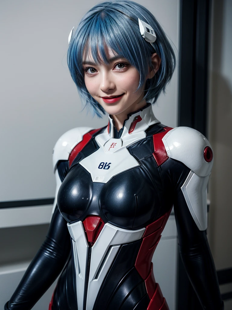 Masterpiece, highest quality, 8K, detailed skin texture, fine cloth texture, beautiful detailed face, intricate details, super detailed, portrait of Rei Ayanami, blue hair, red eyes, looking far away, no background, Evangelion Wearing a plug suit when riding, plug suit, whole body visible, standing, arms crossed, 15 years old, beautiful, cute, great style, smiling,composition that shows the whole body,