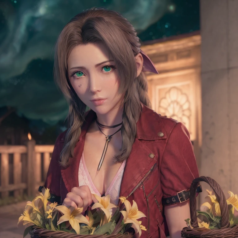 ((photorealistic:1.4)),CG, best quality, masterpiece, illustration,  extremely detailed ,extremely detailed CG unity 8k wallpaper, Amazing, finely detail,best quality, incredibly absurdres,
extremely detailed beautiful detailed 1girl,aerith_gainsborough,solo,full-body shot, green light texture,light on face, short red_jacket ,(pink longuette:1.2),long hair,necklace,jewelry,blackish green eyes,holding_basket,lips,westerner, extremely detailed green eyes , (extremely detailed pupils:1.3),
looking_at_viewer,smile
,((background,graden,flowers,glowworm:1.2,Turquoise starry sky,galaxy, Sparkling stars,dark night:1.3,))