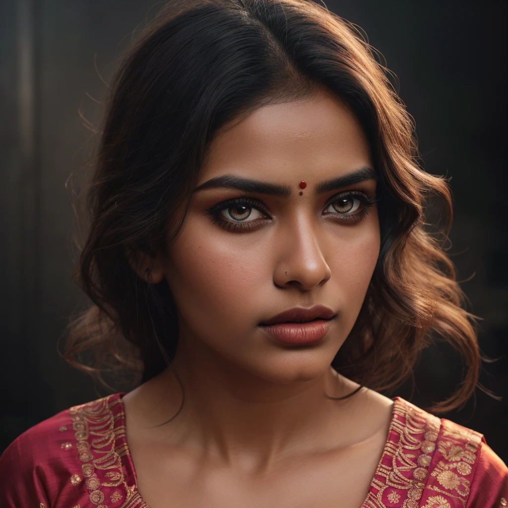 a beautiful indian woman wearing a colorful saree, extremely detailed face and eyes, long eyelashes, beautiful detailed lips, elegant pose, photorealistic, high quality, 8k, hyper detailed, intricate details, warm lighting, vibrant colors, cinematic, dramatic lighting, chiaroscuro, moody, atmospheric, portrait