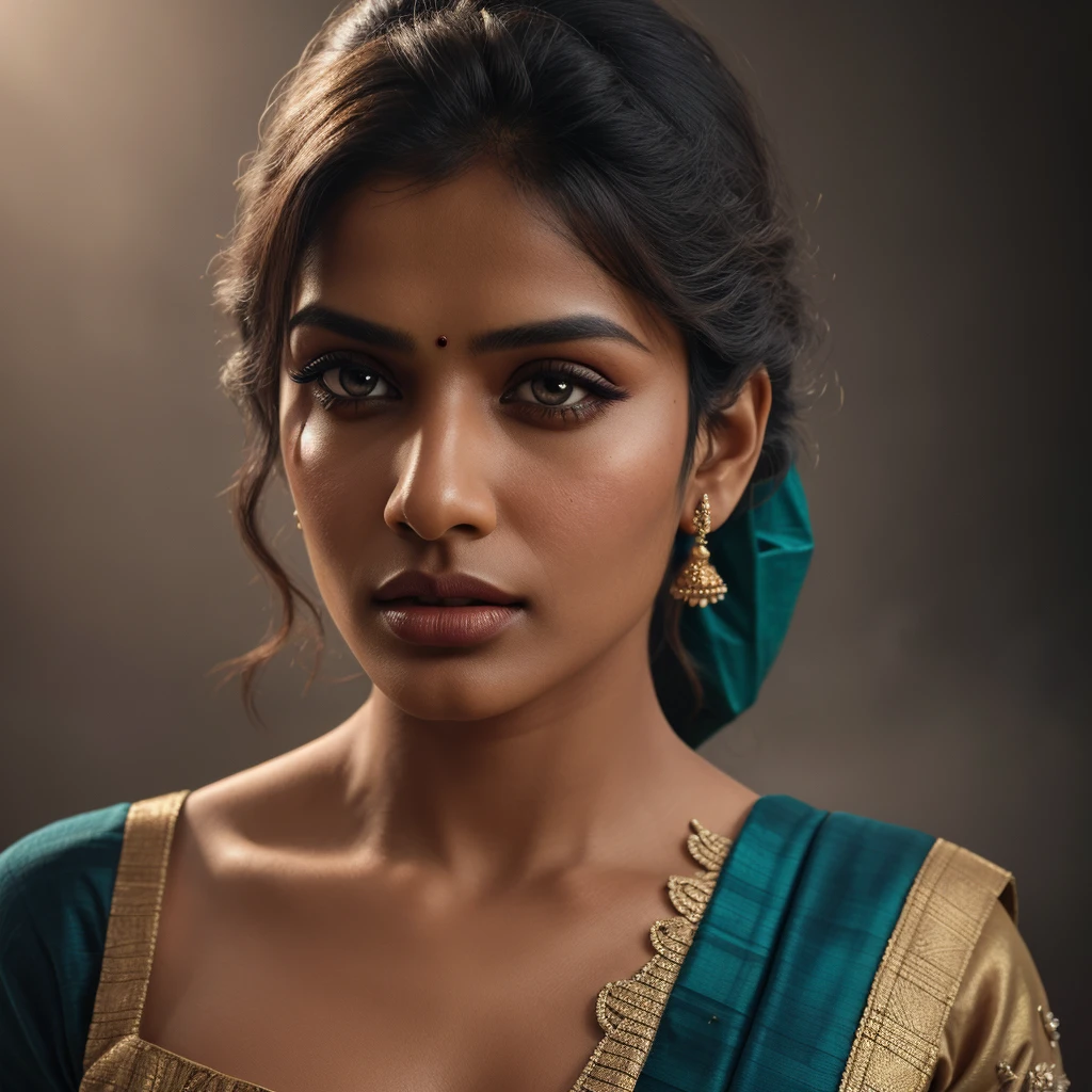 a beautiful indian woman wearing a colorful saree, extremely detailed face and eyes, long eyelashes, beautiful detailed lips, elegant pose, photorealistic, high quality, 8k, hyper detailed, intricate details, warm lighting, vibrant colors, cinematic, dramatic lighting, chiaroscuro, moody, atmospheric, portrait