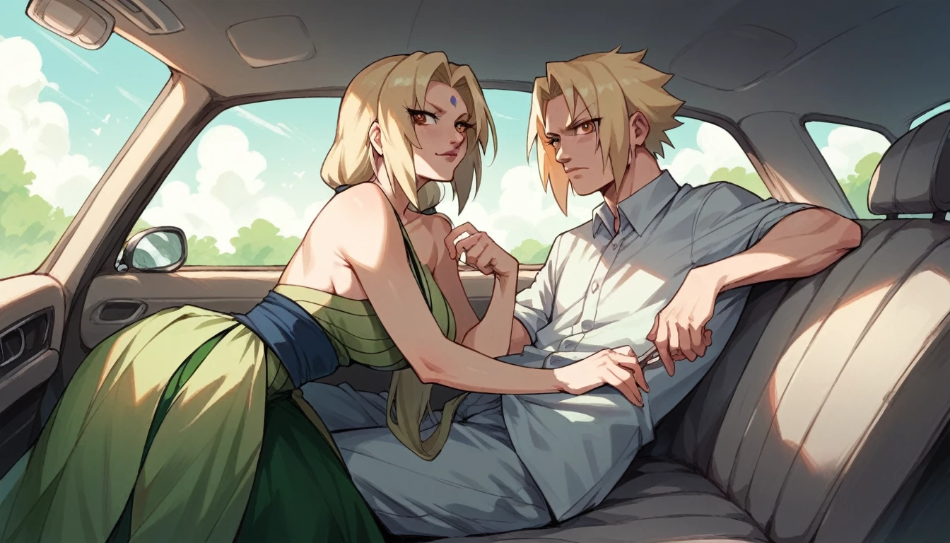 tsunade from naruto, green gala dress, leaning next to a green car