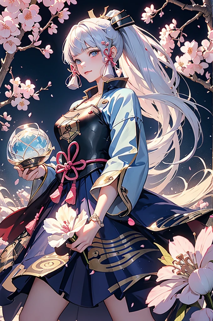 ((kamisatoayakadef)),1 Anime Girl, Warrior, Realistic people,Realistic, beautiful, smile, elegant, Majestic, Splash Art, Particles of light, Diamond Blade, Dynamic pose, ((fan、fanを持っている))((fanを広げる)),milky way, (Fractal Art:1.1),(Ice Flower:1.4), Most detailed,(抽象的なbackground:1.1), (Shiny skin), (Many colors:1.4), Ultra-high resolution,, masterpiece, Accurate, Anatomically correct, texture.(background:Cherry tree、Cherry Blossom、petal、Wind、旋Wind)
