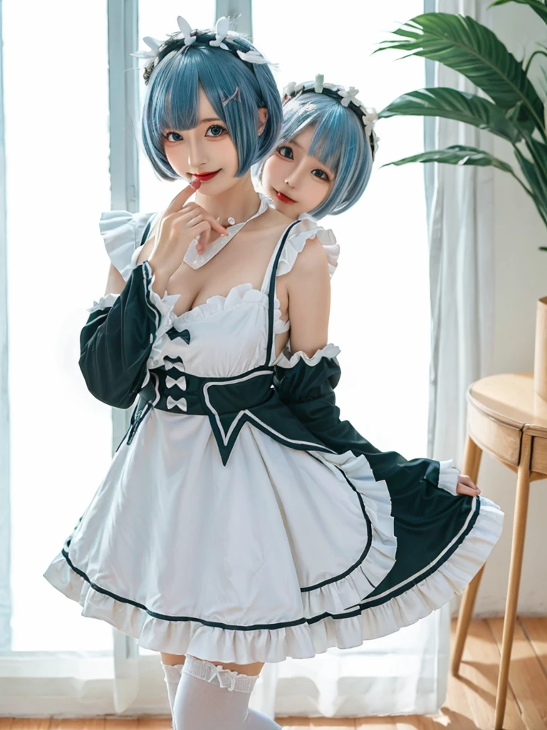 (8K, Photorealistic, Raw photo, of the highest quality: 1.3), (1girl in), Super beautiful, (Realistic face), (boyish, light blue Color Berry Shorthair),(8K, Photorealistic, Raw photo, of the highest quality: 1.3), (1girl in), Super beautiful, (Realistic face), (boyish, pink Color Berry Shorthair), Beautiful , Glare that captivates the viewer, Beautiful expression, Beautiful breasts, (Realistic skin), Be...Create a detailed and colorful image of Ram and Rem from Re:Zero, standing back-to-back in their maid outfits, with a magical fantasy background、14years old, two girls,cute, perfect face, beautiful, nice body, gothic lolita clothes, gothic lolita fashion, frilly skirt, headdress, necklace, bracelet, knee-high socks, boots, double eyelids, tear bags, Detailed down to the fingers, photo-like description, indoors, dim indoor lighting, one girl is pink hair and short bob, another girl is light blue hair and short bob,standing, whole body, composition that shows the whole body, smiling,The Both of them are wearing the same type of maid outfit