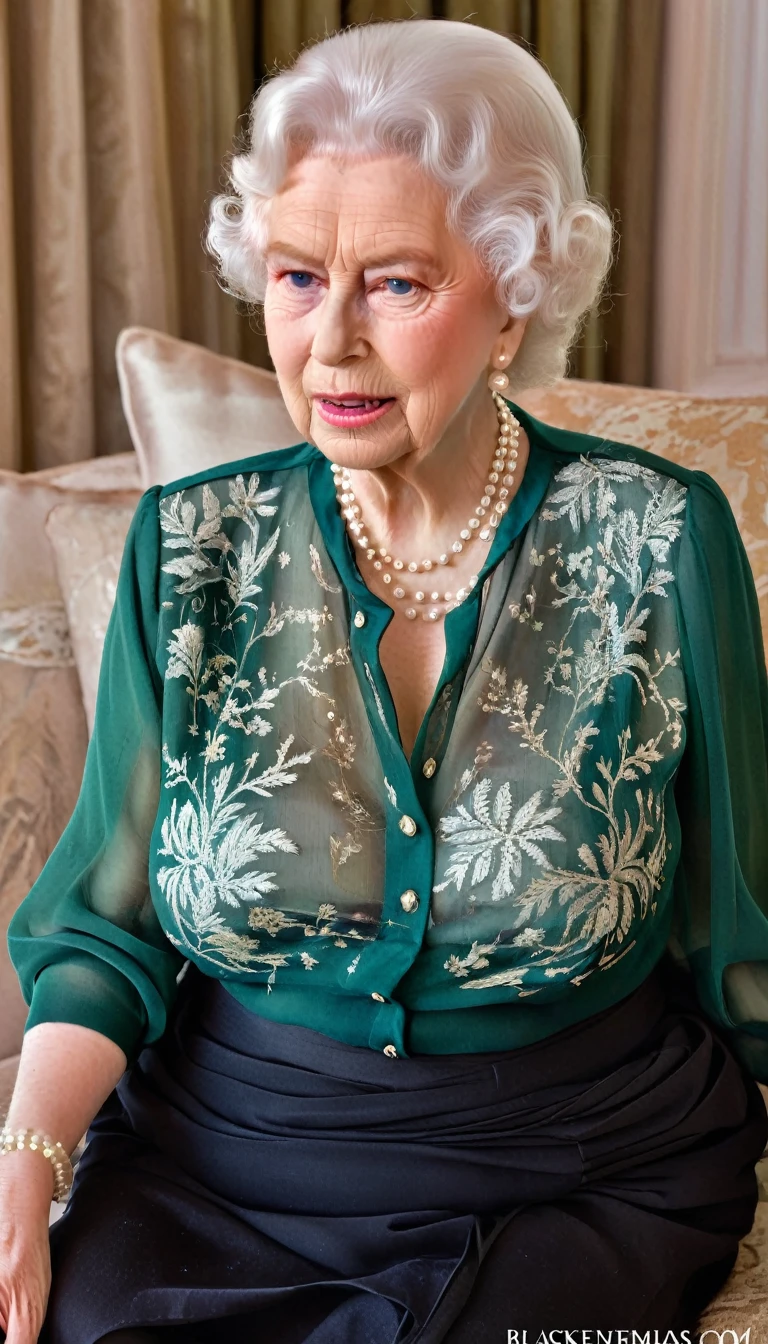 (busty breast), (queen elizabeth 80yo sitting on sofa) (chiffon sheer green blouse and black skirt:1.3), cleavage, pearls