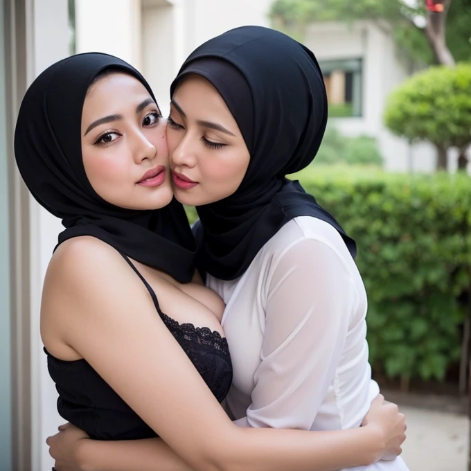 " Capture moments of passion, Lustful and intimacy: Two Hijab beautiful Indonesian MILF, Busty Body, Lesbian Scene, Deeply in love, Hug tightly, Share a passionate Hugging and groping Breast"