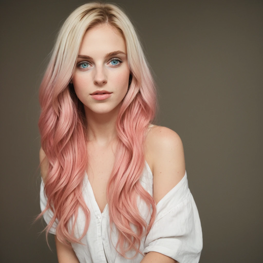 taken with iphone camera BREAK medium shot selfie of a pretty young woman BREAK (ombre:1.3) blonde pink BREAK film grain, medium quality