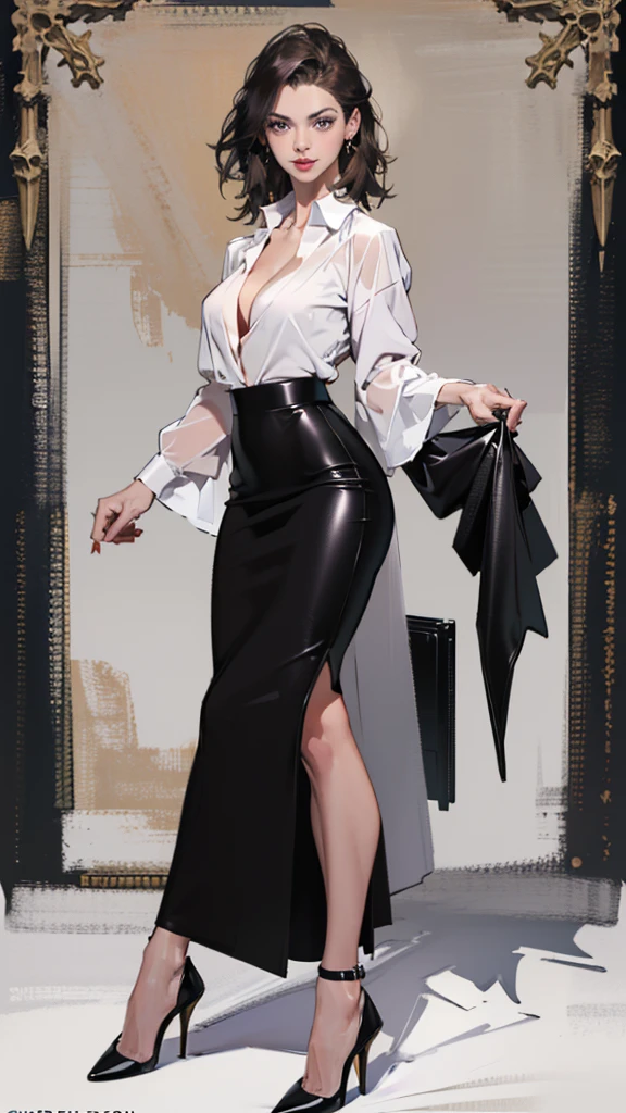 ((best quality,4k,highres,masterpiece:1.2)),((character concept art)), 1 female, 33-year-old university teacher, ((elegant, ethereal beauty)), brunette hair, (fair skin colour), ultra finely detailed eyes (hazel eyes colour), hot, intelligent, educational enthusiast, slim body build,big breasts,exposed cleavage ((intricate detail)), super finely detailed hands, ultra finely detailed fingers(((ten fingers))), wearing outfit:((form-fitting satin shirt, black leather pencil skirt, heels)), (standing professionally), (full body showcase), (show full body), (no logos on background), (no logo), ((plain background)), ((plain background)), (((empty background)))
