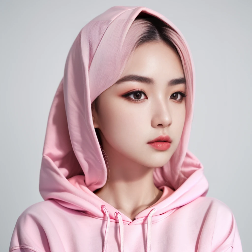 A fair complexion with a delicate yet strong facial structure. Her features include sharp, well-defined eyebrows and a focused, determined expression. She has slant and sharp eyes and a poised demeanor, contributing to her commanding presence. Her makeup is subtle, enhancing her natural beauty and emphasizing her eyes. Pink oversized hoodie.