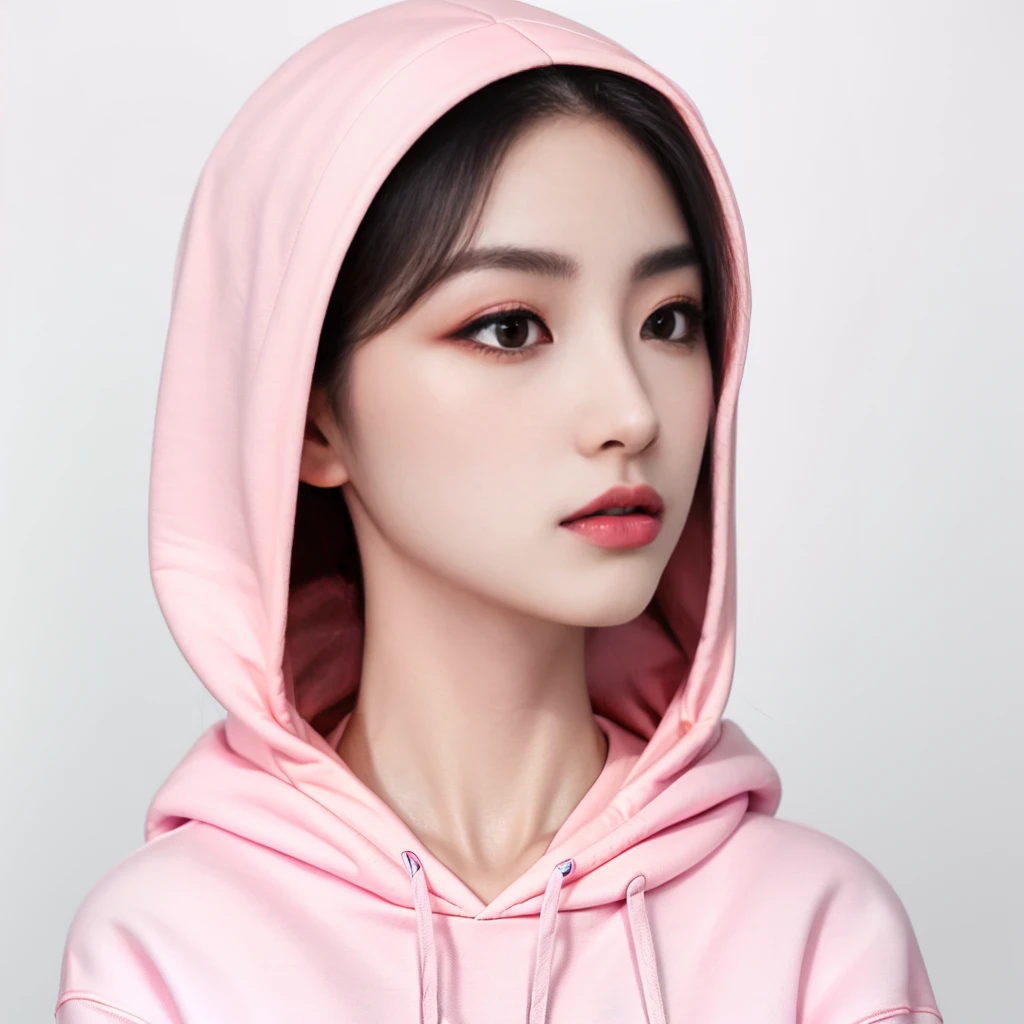 A fair complexion with a delicate yet strong facial structure. Her features include sharp, well-defined eyebrows and a focused, determined expression. She has slant and sharp eyes and a poised demeanor, contributing to her commanding presence. Her makeup is subtle, enhancing her natural beauty and emphasizing her eyes. Pink oversized hoodie.