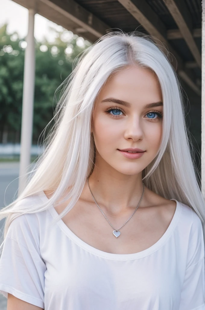 tumblr selfie of a russian model girl in white big Tshirt. Long white hair. shoulders opened. parkside and bench on the background. platinum blonde. White hair. lips half opened. Silver necklace with hearts. Live photo in motion. Selfie. light smile on her lips. White hair falling on shoulders. White hair falling on shoulders. White hair falling on shoulders. White hair falling on shoulders. blue eyes. upper body visible. She should have a happy expression. soft lights. detailed hairstyle, long hair falling on shoulders, symmetrical. photo from instagram.