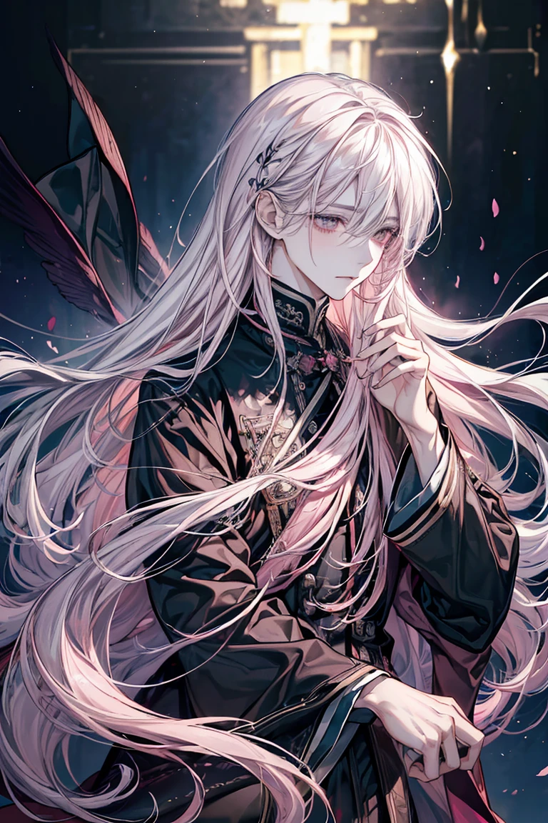 (best quality) (1 male), adult 25 years, ((long dim pink hair)), long disheveled pearl hair, (eyes is completely black, the white of the eye is black), pale skin, thorny vines crown entwine the hair, gentle delicate facial features, aristocrat's coat, black cloak covers his head, half-body