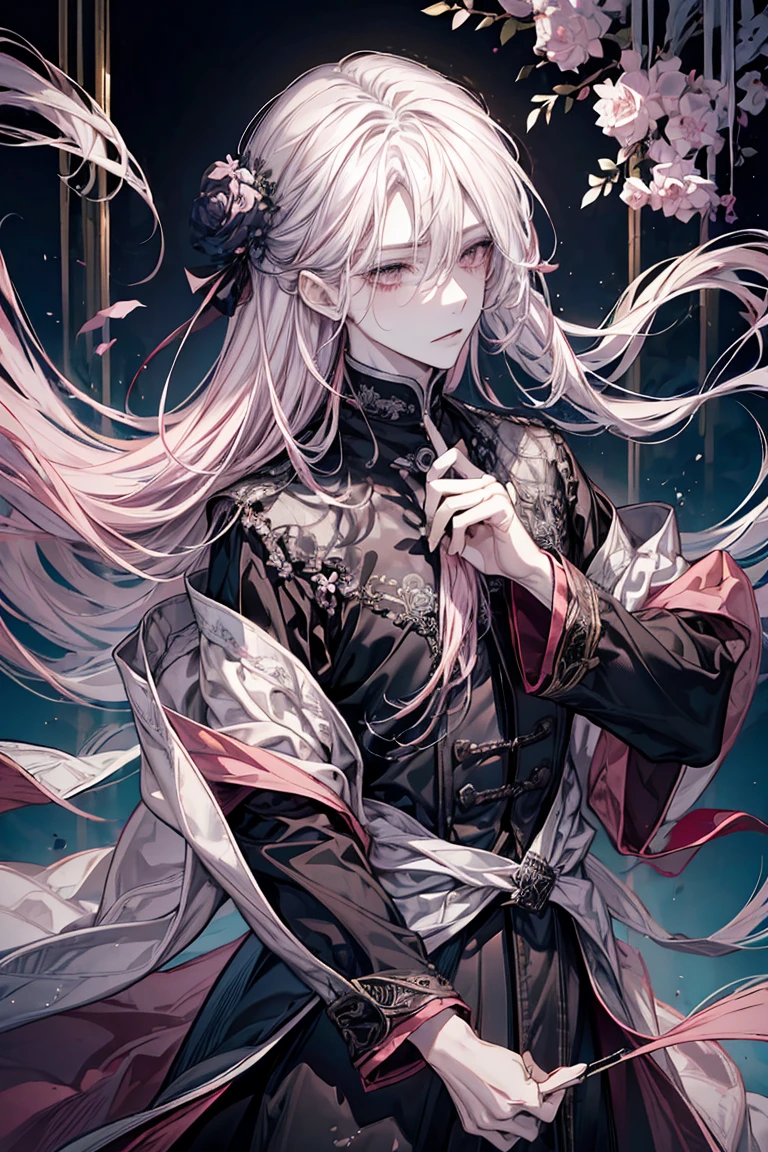 (best quality) (1 male), adult 25 years, ((long dim pink hair)), long disheveled pearl hair, (eyes is completely black, the white of the eye is black), pale skin, thorny vines crown entwine the hair, gentle delicate facial features, aristocrat's coat, black cloak covers his head, half-body