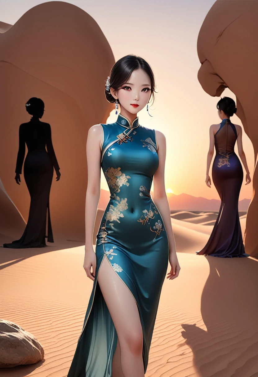 (best quality,4K,8K,high resolution,masterpiece:1.2),Very detailed,(Practical,photoPractical,photo-Practical:1.37),Chinese custom cheongsam,Anatomically correct,Backlight,Deep Shadows,Silhouette Light,Simple and elegant cheongsam,Charming Chinese design,Simple style,Silk Road Fashion Show，Desert Background，Sunset，Cheongsam series